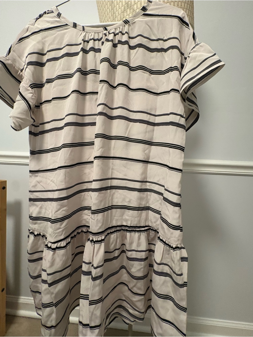 Tucker Cream and Black Striped Short-Sleeve Tiered Mini Dress
